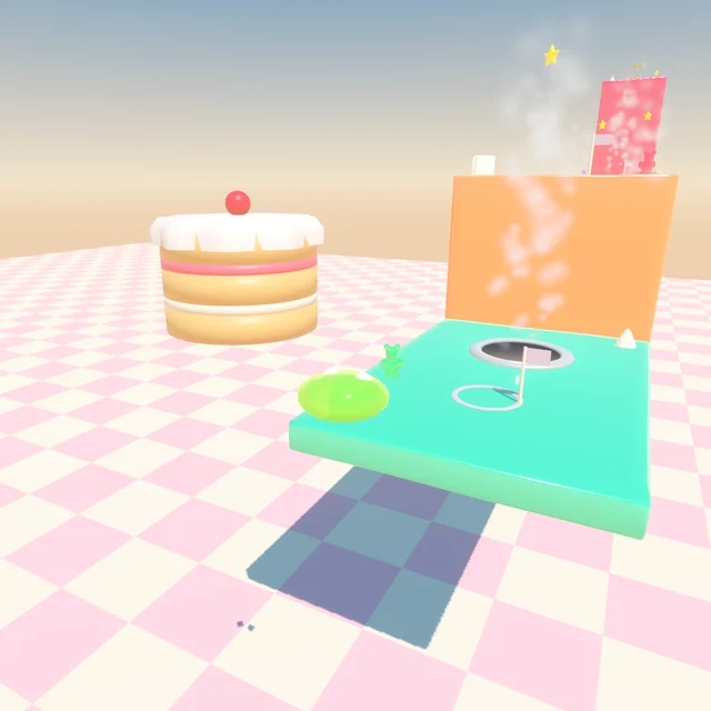 Blorp flattened on a mint platform beside a steam vent, with a layer cake and an orange tower behind.