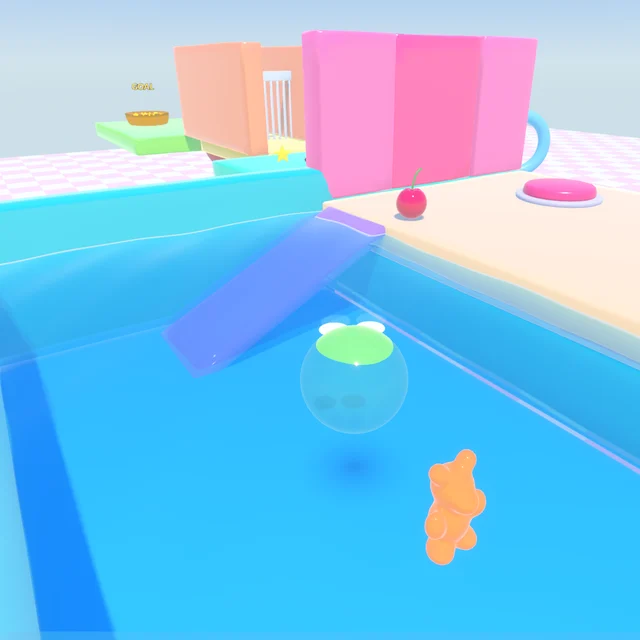 Blorp floating in a bright blue sink of water, swollen and see-through, with an orange gummy bear beside it.