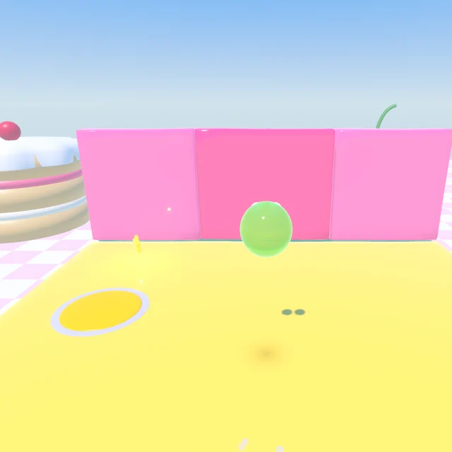 Blorp on a yellow jelly floor in front of a pink wall, with a round yellow pressure plate to one side.