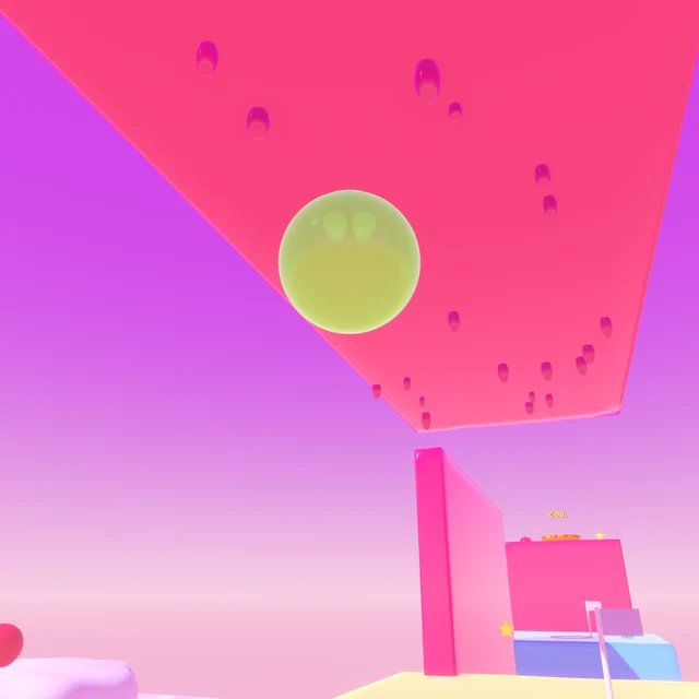 Looking up at Blorp clinging to the underside of a red jam ceiling over a purple sky.