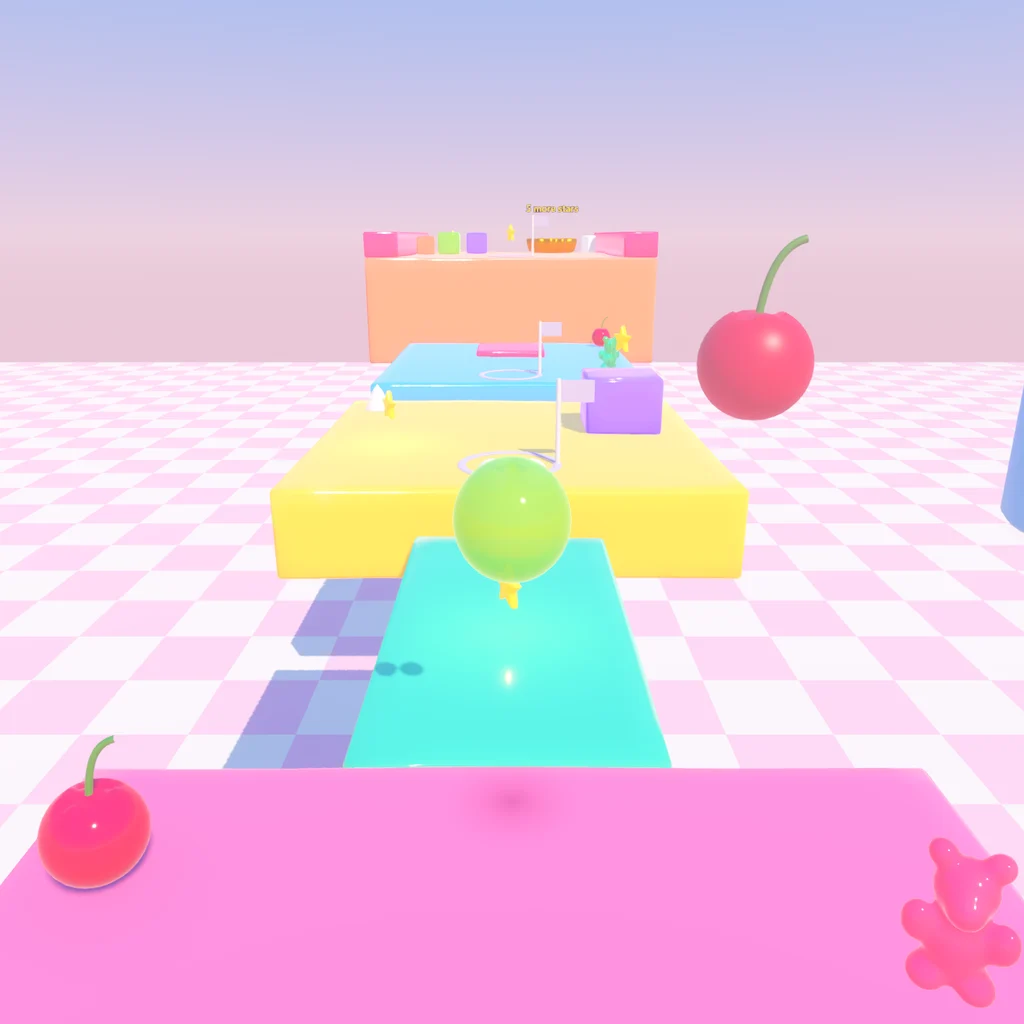 A small green jelly blob on a mint platform, with steps of yellow and pink jelly leading up to a tower; a cherry floats nearby over a pink checkered floor.