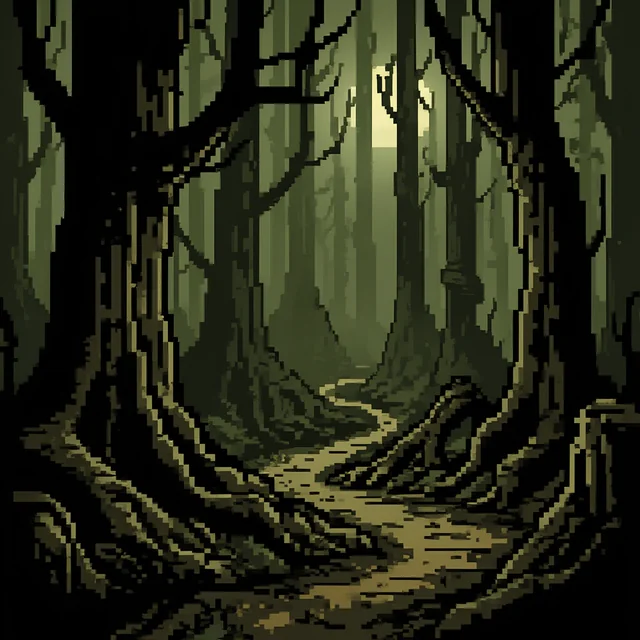 A dirt path winding through dark, twisted trees toward a pale light.
