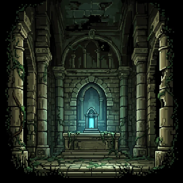 A ruined chapel overgrown with vines; a small shrine glows blue on the altar.