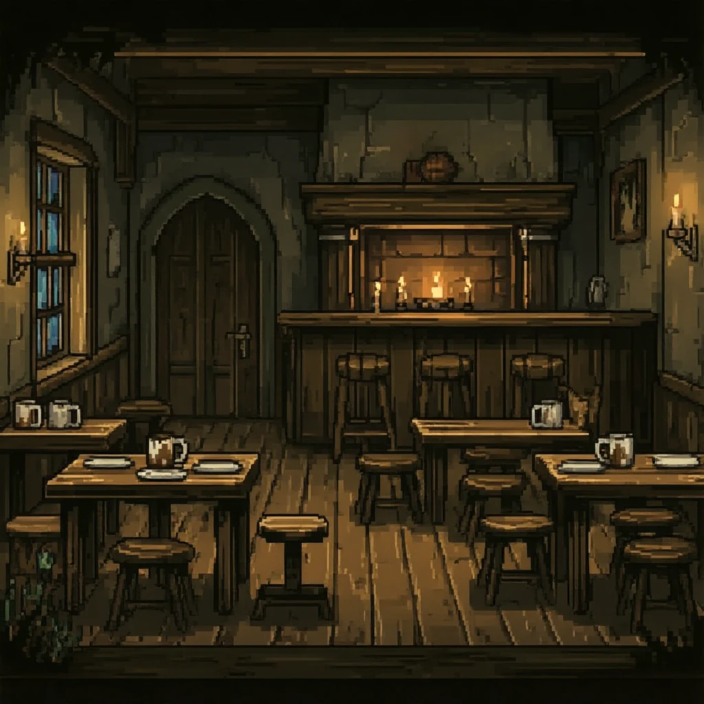 The empty tavern from Thornwall by candlelight: wooden tables, tankards, stools at the bar.